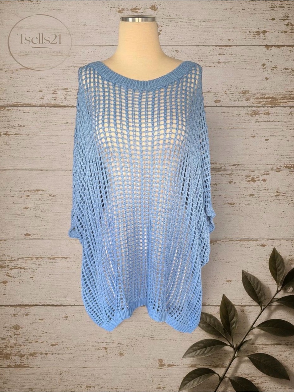 Light Blue Open Knit Crochet Oversized Top - Size 3XL